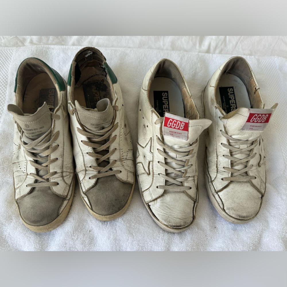 Two pairs of white Golden Goose size 40 (9.5) - red & green back pair